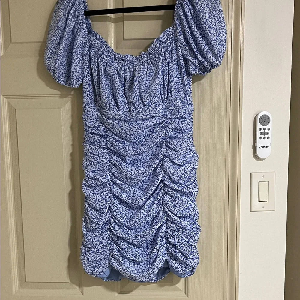 Elegant Blue Floral Ruched Mini Dress CE007 - Picture 5 of 11